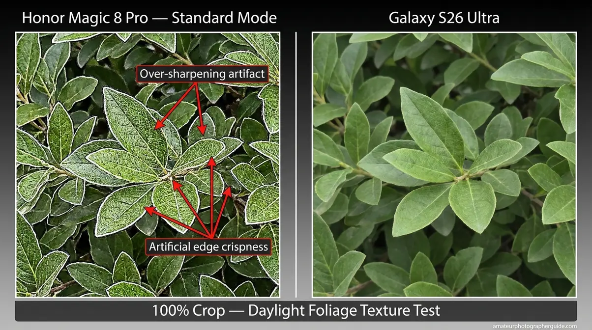 Honor Magic 8 Pro over-sharpening artifact versus Galaxy S26 Ultra at daylight 100% crop comparison diagram