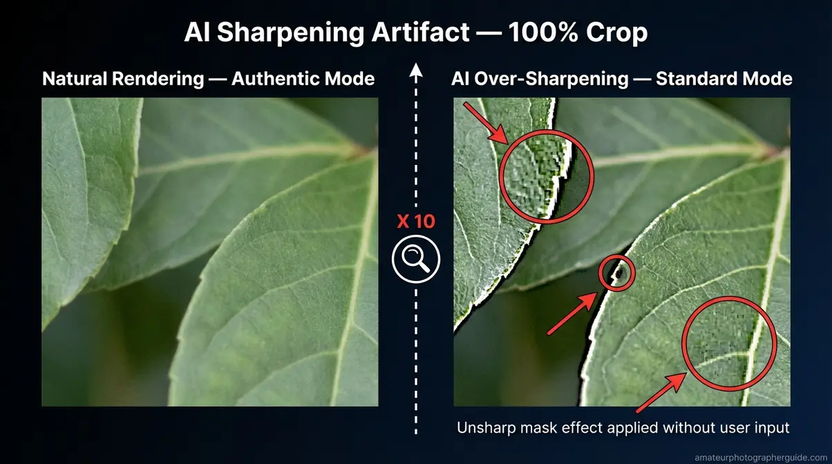 Honor Magic 8 Pro AI over-sharpening crunchy texture artifact versus natural rendering comparison crop diagram