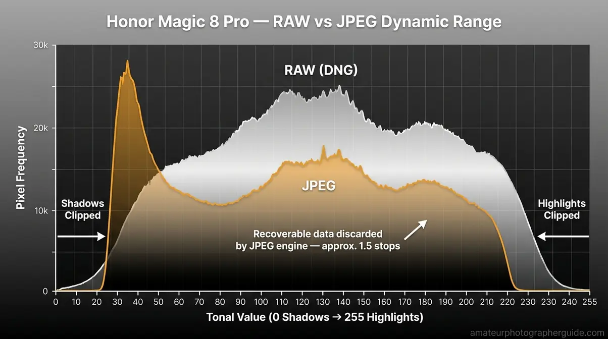 Honor Magic 8 Pro RAW DNG versus JPEG histogram showing dynamic range difference and shadow highlight recovery