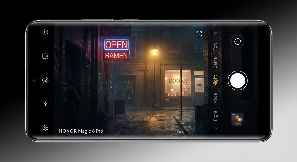 Honor Magic 8 Pro SuperNight mode low-light stress test urban street scene shadow recovery result