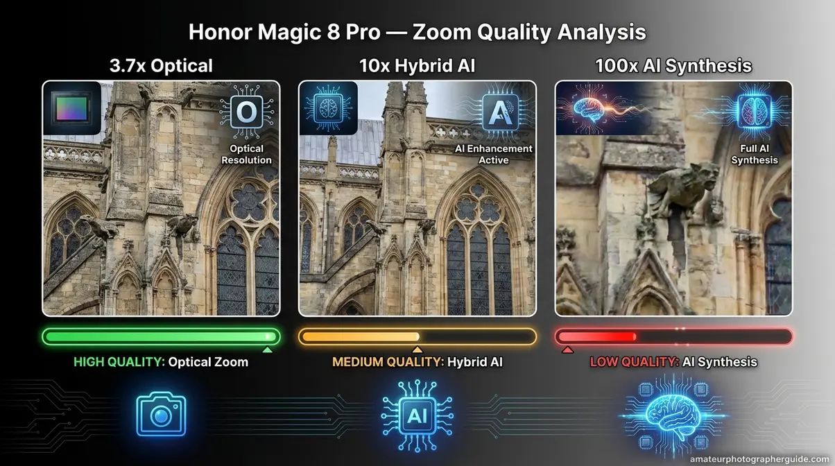 Honor Magic 8 Pro zoom range comparison diagram showing 3.7x optical versus 10x and 100x AI synthesis quality