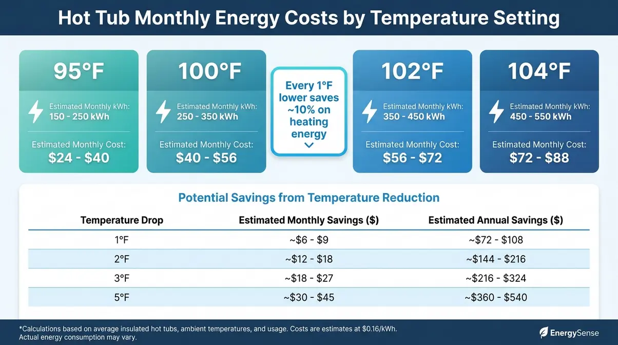 How Hot Is a Hot Tub? Safe Temps & Soak Time Guide 5 Hot tub energy cost infographic comparing monthly electricity costs at different temperature settings