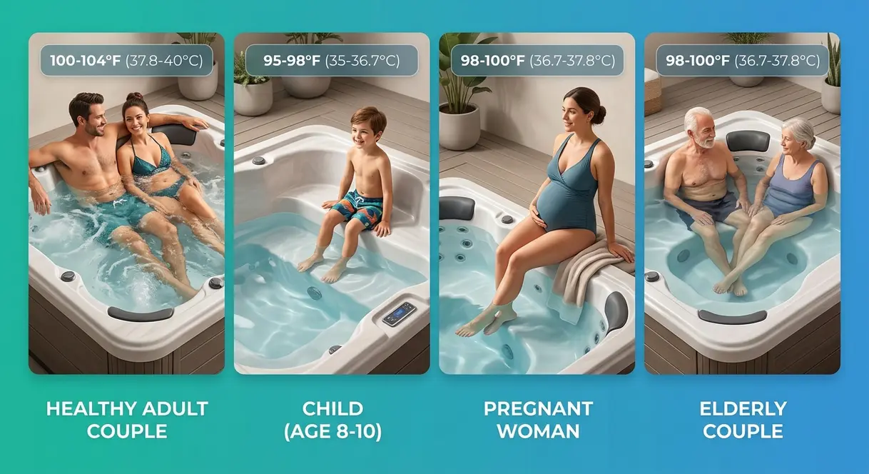 How Hot Is a Hot Tub? Safe Temps & Soak Time Guide 1 Hot tub safety guide showing safe temperatures for adults, children, pregnant women, and elderly users