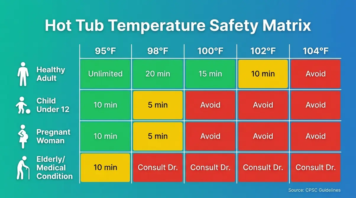 How Hot Is a Hot Tub? Safe Temps & Soak Time Guide 2 Hot tub temperature safety matrix showing ideal ranges by user type, including how hot is a hot tub for different soakers