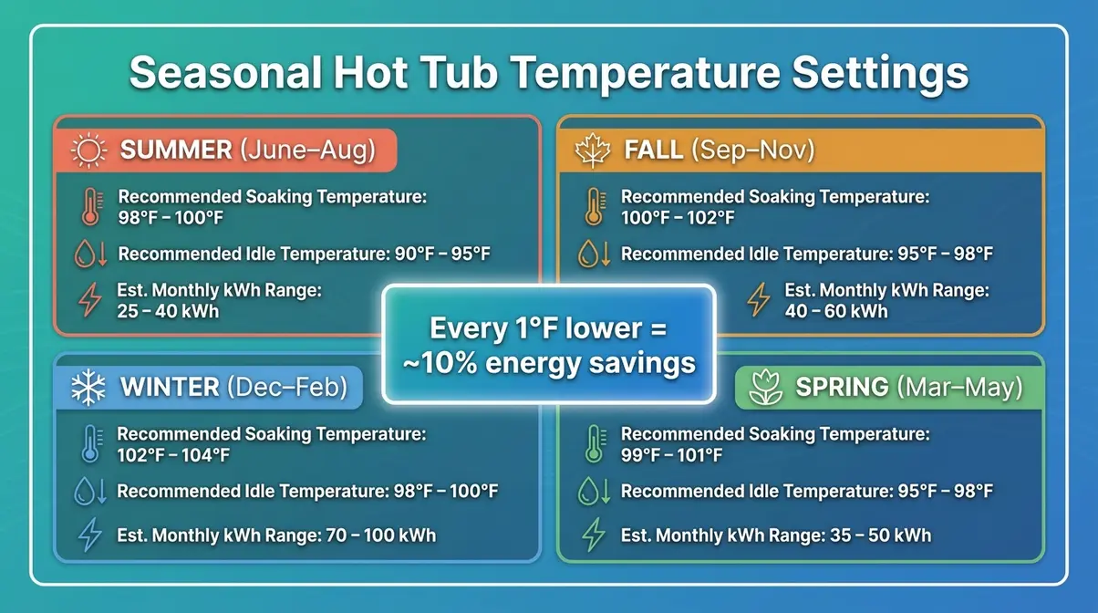 How Hot Is a Hot Tub? Safe Temps & Soak Time Guide 3 Seasonal hot tub temperature settings infographic for summer and winter operations