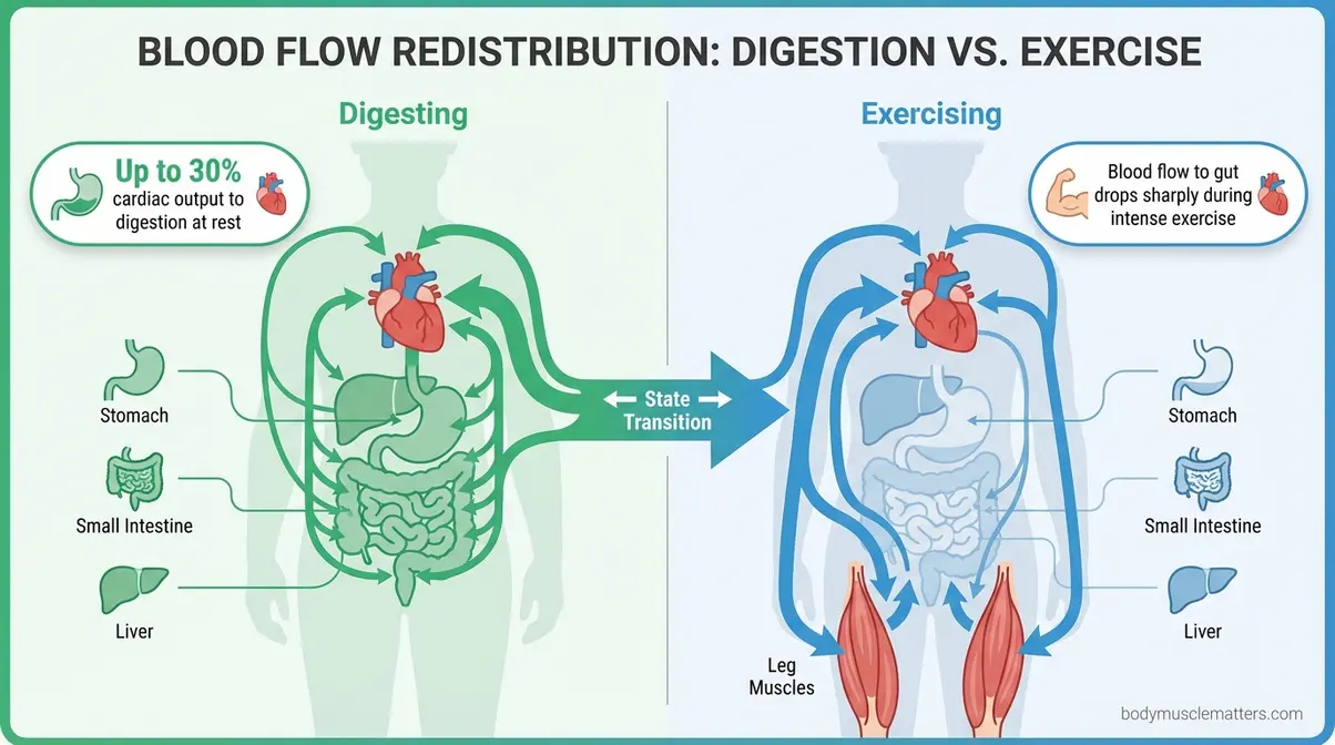 How long after eating to exercise — infographic showing blood flow redirection from gut to muscles during exercise