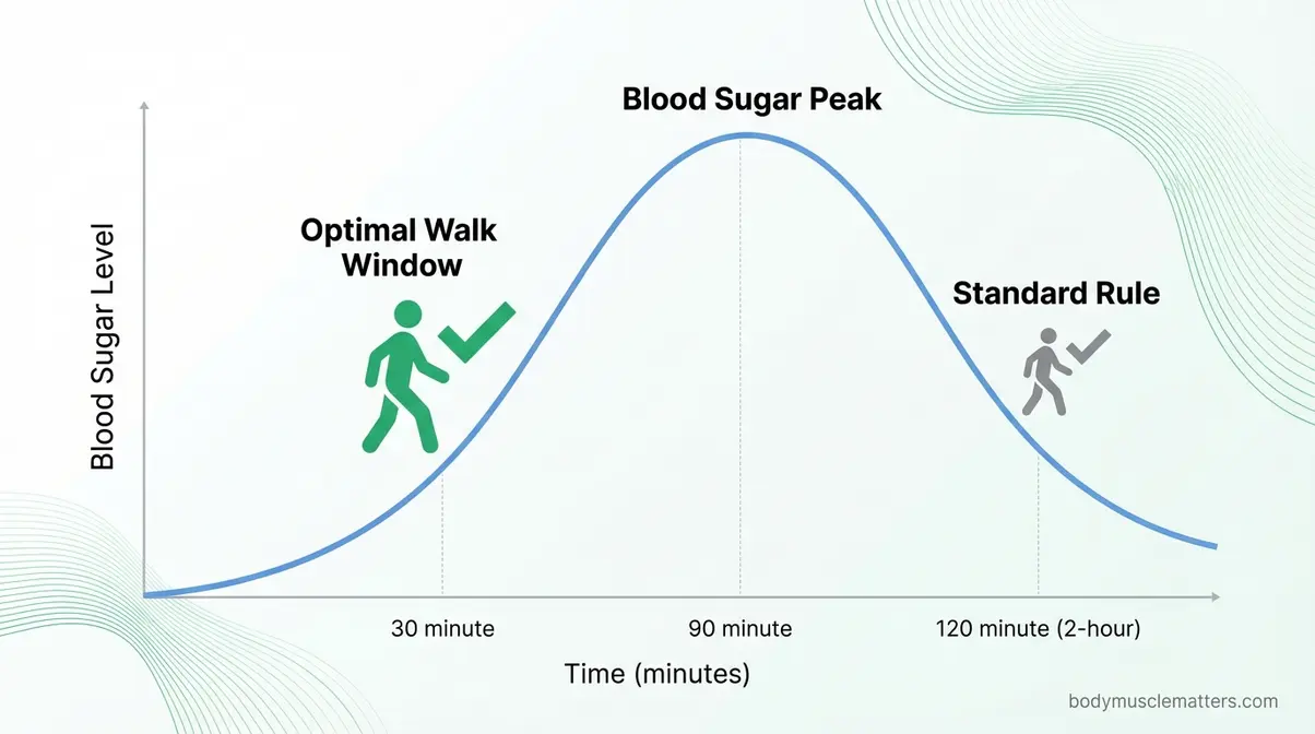 Blood sugar curve showing optimal post-meal walk timing at 30 minutes versus waiting 2 hours after eating