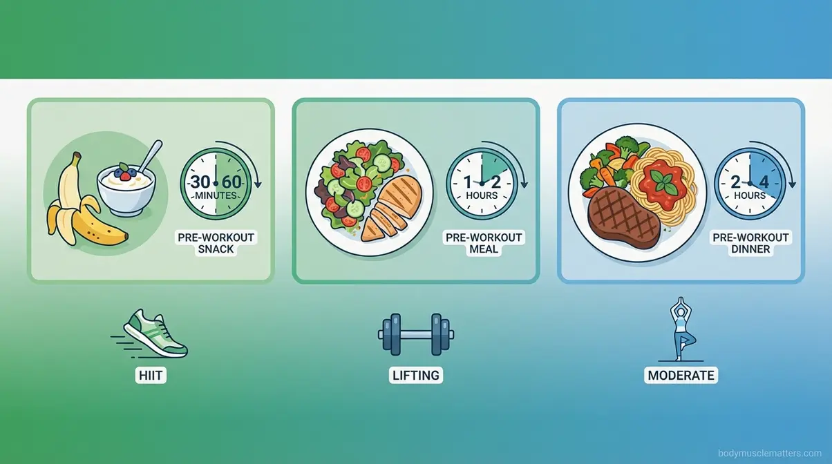 Three meal size panels showing wait times before exercise — snack 30 minutes, light meal 1–2 hours, heavy meal 2–4 hours