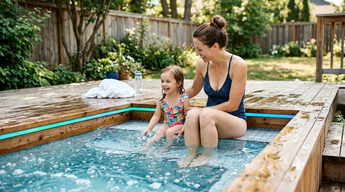 Parent supervising child sitting safely on hot tub steps with head above water