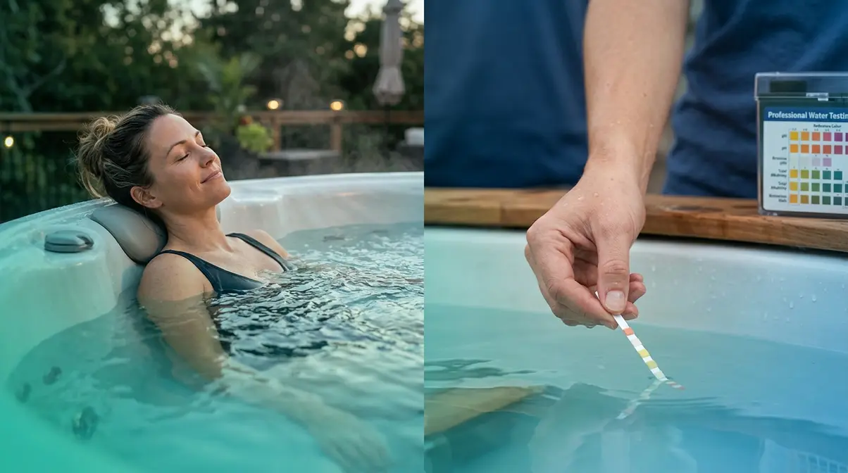 Split image showing hot tub relaxation benefits alongside water chemistry testing for safety