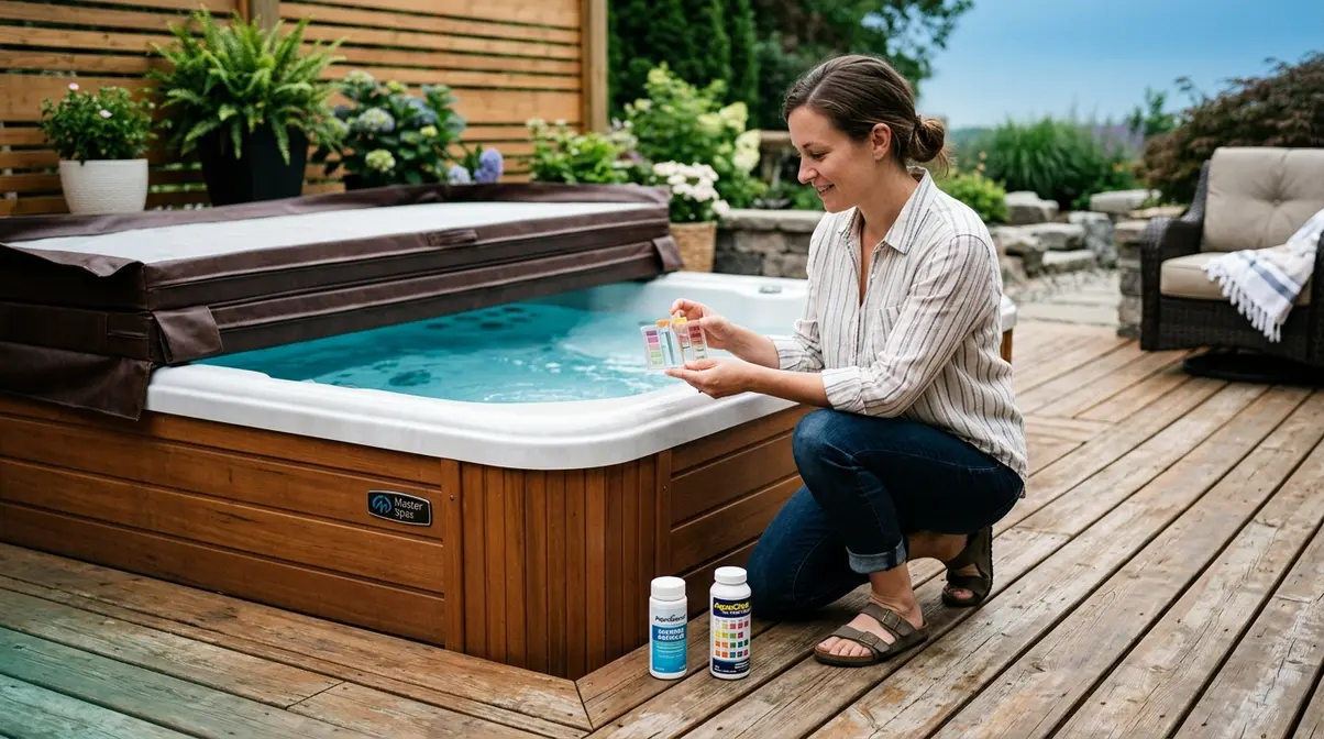 Person testing hot tub water chemistry with test strips and chlorine treatment supplies on deck