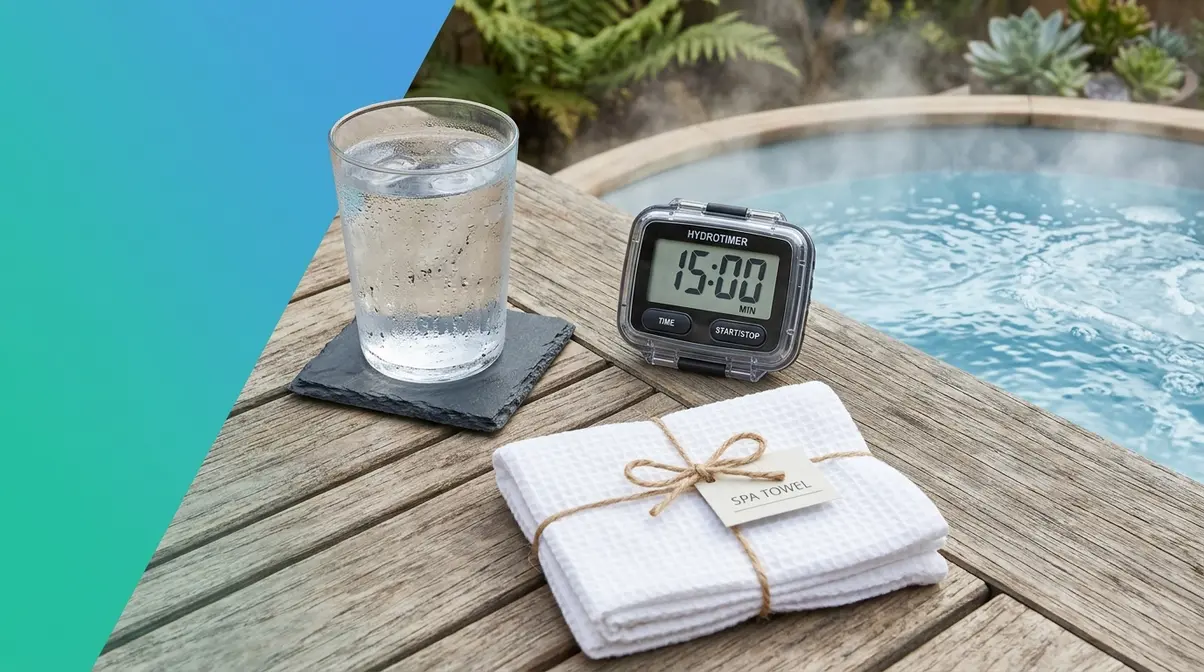 Water glass, timer, and towel on hot tub deck representing smart safe soaking preparation tips