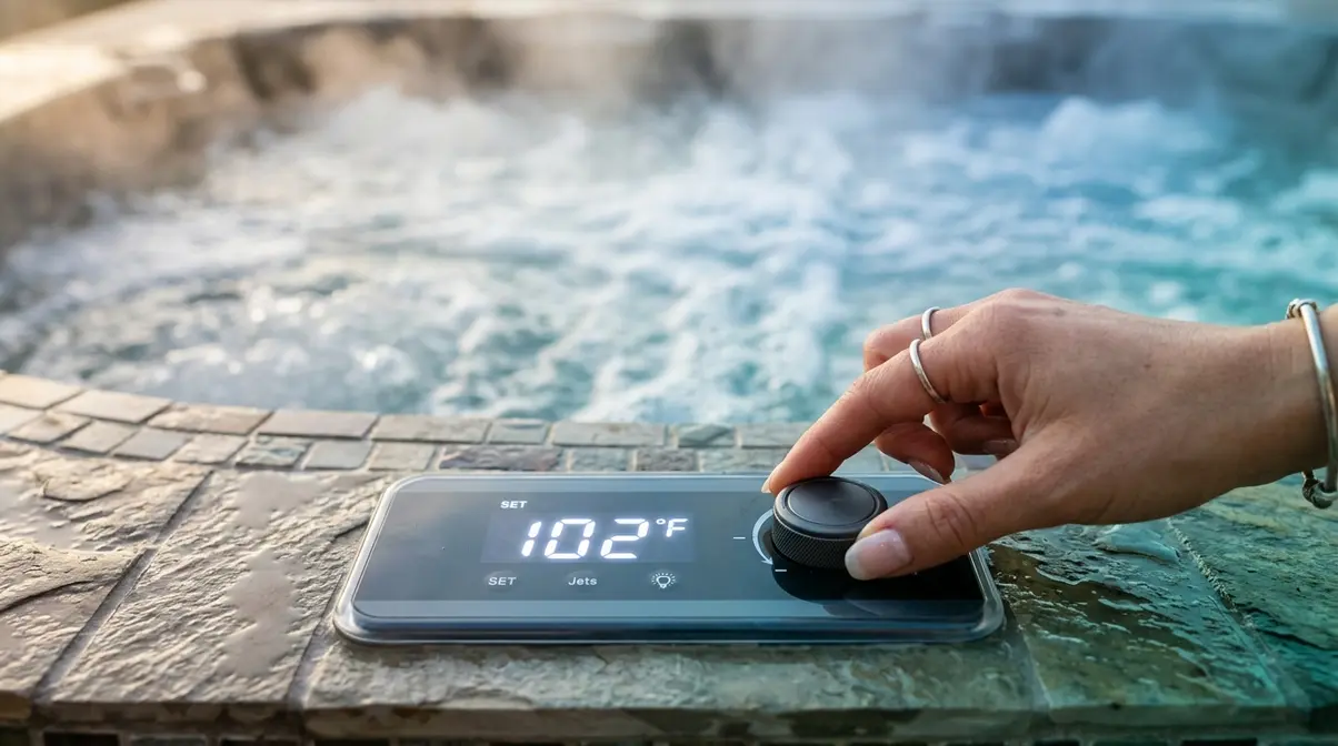 Hot tub digital control panel showing temperature setting for safe soaking time limits