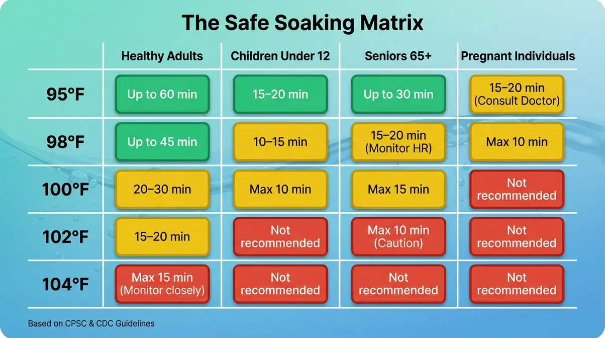 How long can you stay in a hot tub — safe soaking matrix by temperature and user type