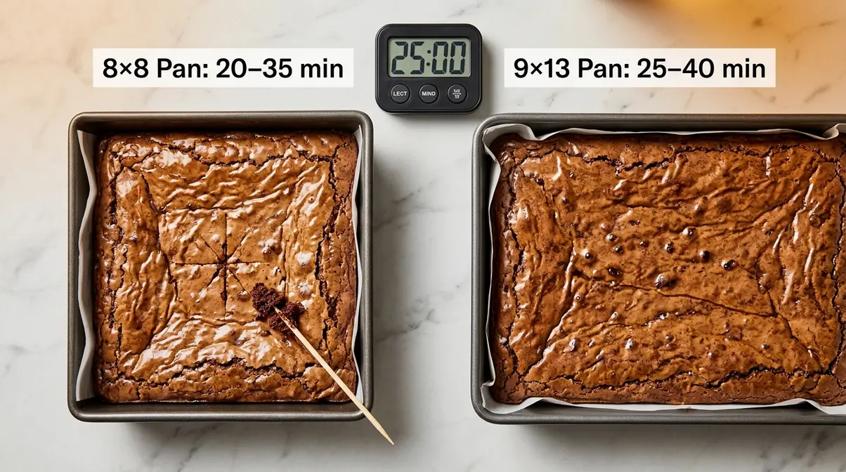 How Long Do Brownies Last? 7 Steps To Store Them Right 2 Two brownie pans showing 8x8 and 9x13 baking times with toothpick doneness test on marble countertop