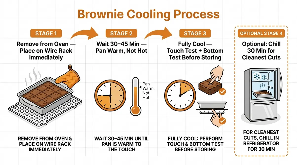 How Long Do Brownies Last? 7 Steps To Store Them Right 3 Diagram showing three stages of brownie cooling process from oven to wire rack before cutting and storing