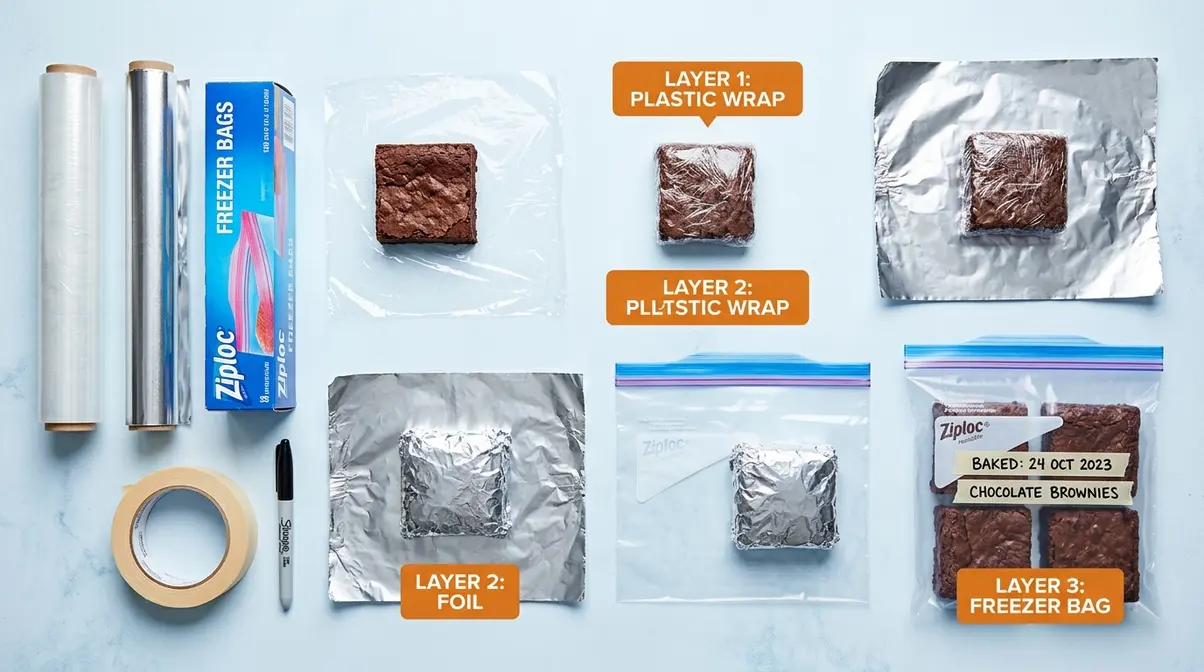 How Long Do Brownies Last? 7 Steps To Store Them Right 5 Brownie freezer storage showing double-wrapping method with plastic wrap foil and labeled zip-lock freezer bag