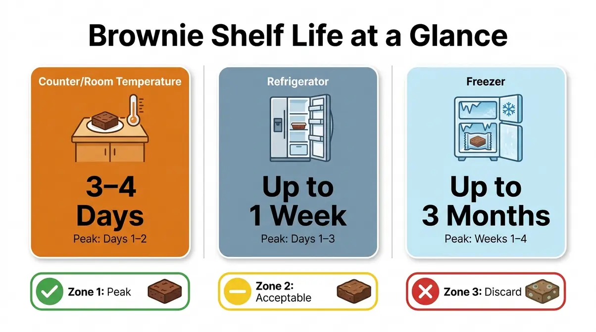 How Long Do Brownies Last? 7 Steps To Store Them Right 1 Brownie shelf life infographic comparing room temperature fridge and freezer storage times across three freshness zones