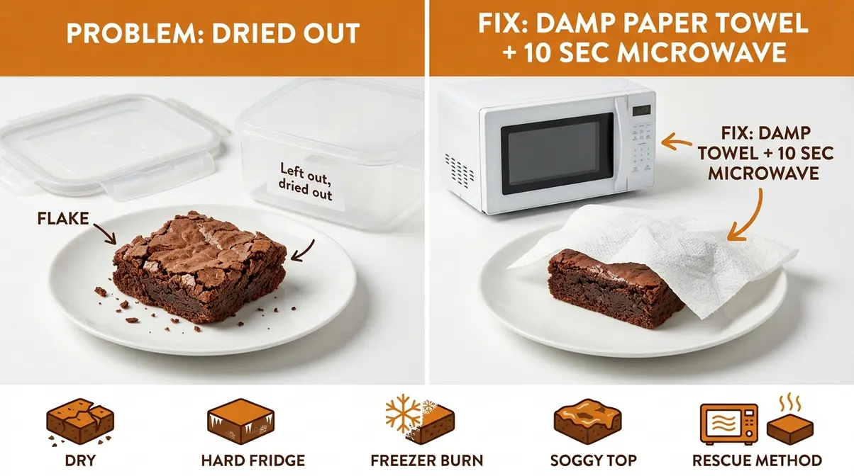 How Long Do Brownies Last? 7 Steps To Store Them Right 7 Brownie storage troubleshooting showing dried out brownie problem and damp paper towel microwave rescue fix