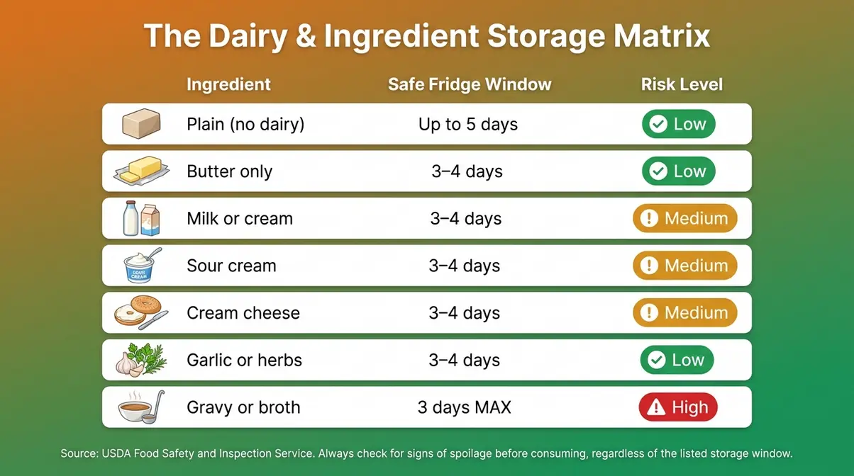 How Long Do Mashed Potatoes Last In The Fridge? 8 Comparison table showing how milk, sour cream, cream cheese, butter, and plain mashed potatoes affect fridge storage