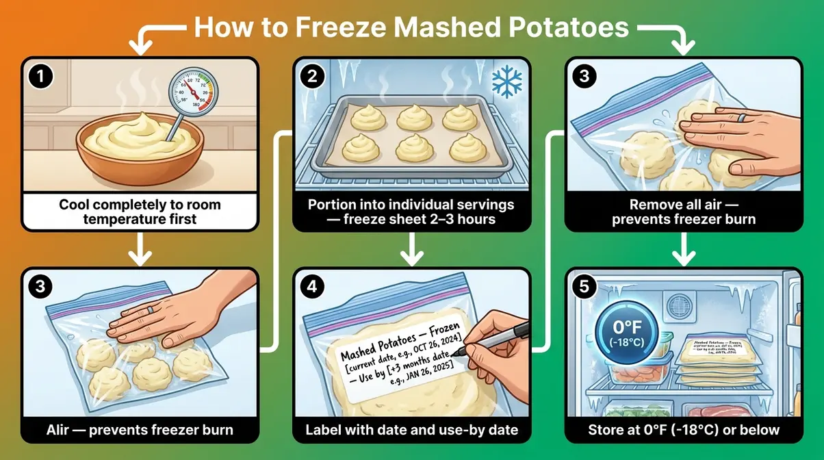 How Long Do Mashed Potatoes Last In The Fridge? 9 Step-by-step diagram showing portioning, flash-freezing, and labeling mashed potatoes for freezer storage