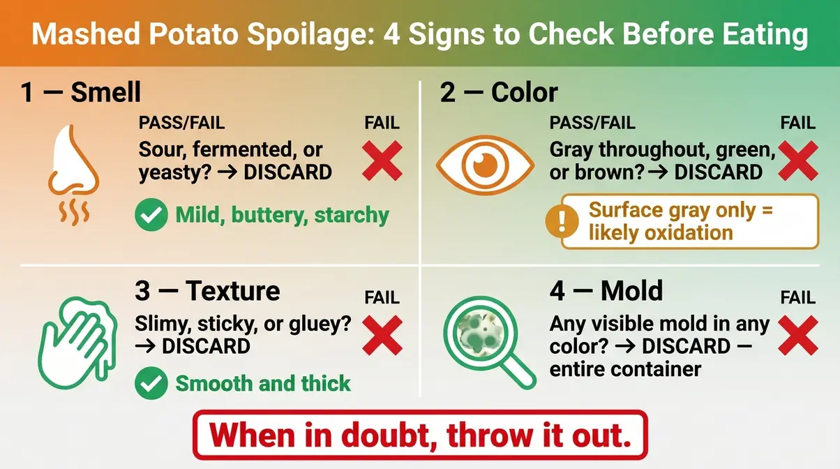 How Long Do Mashed Potatoes Last In The Fridge? 7 Spoilage checklist showing smell, color, texture, and mold indicators to check mashed potato safety