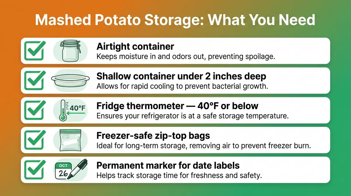 How Long Do Mashed Potatoes Last In The Fridge? 2 Checklist of five tools needed for safe mashed potato fridge storage including airtight containers