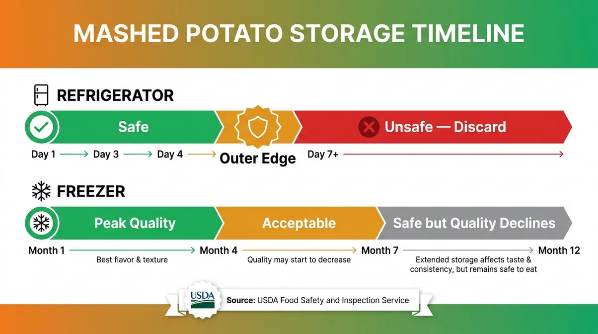 How Long Do Mashed Potatoes Last In The Fridge? 4 Infographic timeline showing mashed potatoes safe 3 to 4 days in fridge and up to 12 months frozen