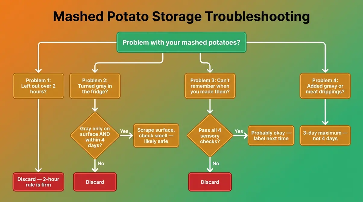 How Long Do Mashed Potatoes Last In The Fridge? 11 Troubleshooting flowchart for mashed potato storage problems including gray color and forgotten cooling
