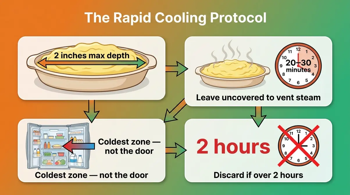 How Long Do Mashed Potatoes Last In The Fridge? 5 Diagram of rapid cooling protocol showing shallow container labeled two inches deep with two-hour timer