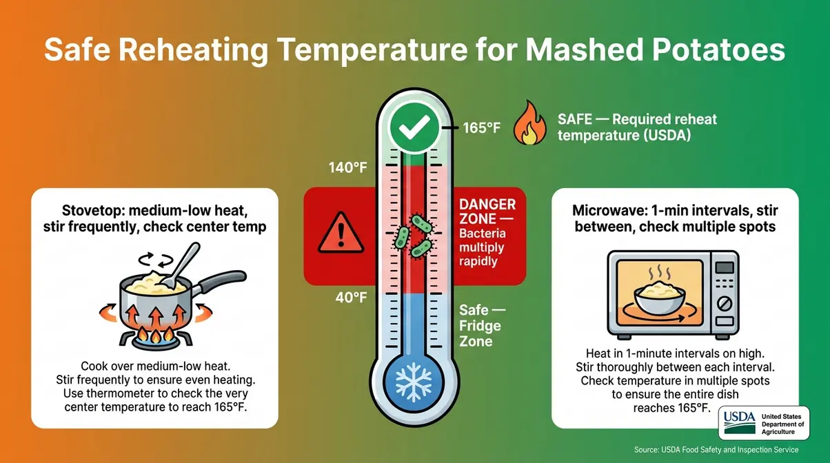 How Long Do Mashed Potatoes Last In The Fridge? 10 Thermometer infographic showing 165°F safe reheat temperature for leftover mashed potatoes