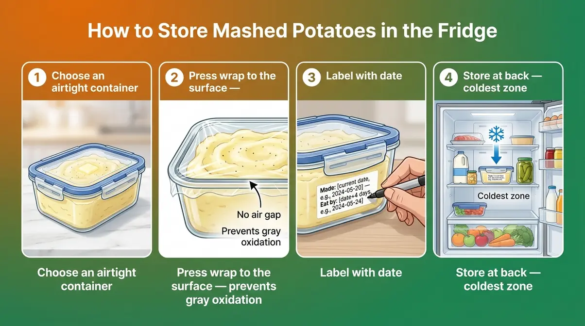 How Long Do Mashed Potatoes Last In The Fridge? 6 Diagram of glass airtight container with plastic wrap pressed to mashed potato surface and a date label