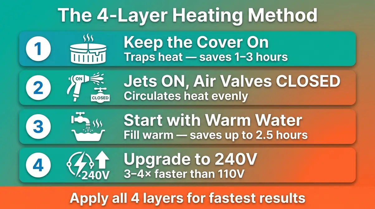 How Long Does a Hot Tub Take to Heat Up? (2026) 6 Step-by-step infographic of the 4-Layer Heating Method for heating a hot tub faster