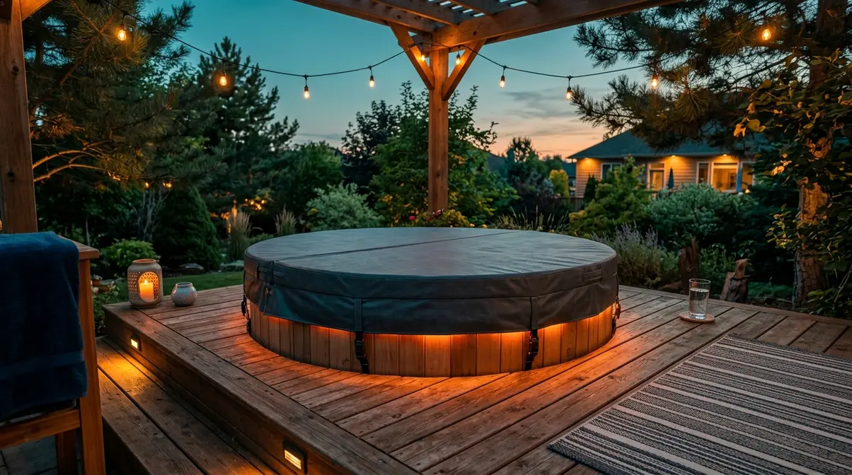 How Long Does a Hot Tub Take to Heat Up? (2026) 2 Hot tub with fitted cover on during heating cycle to retain heat and speed warm-up