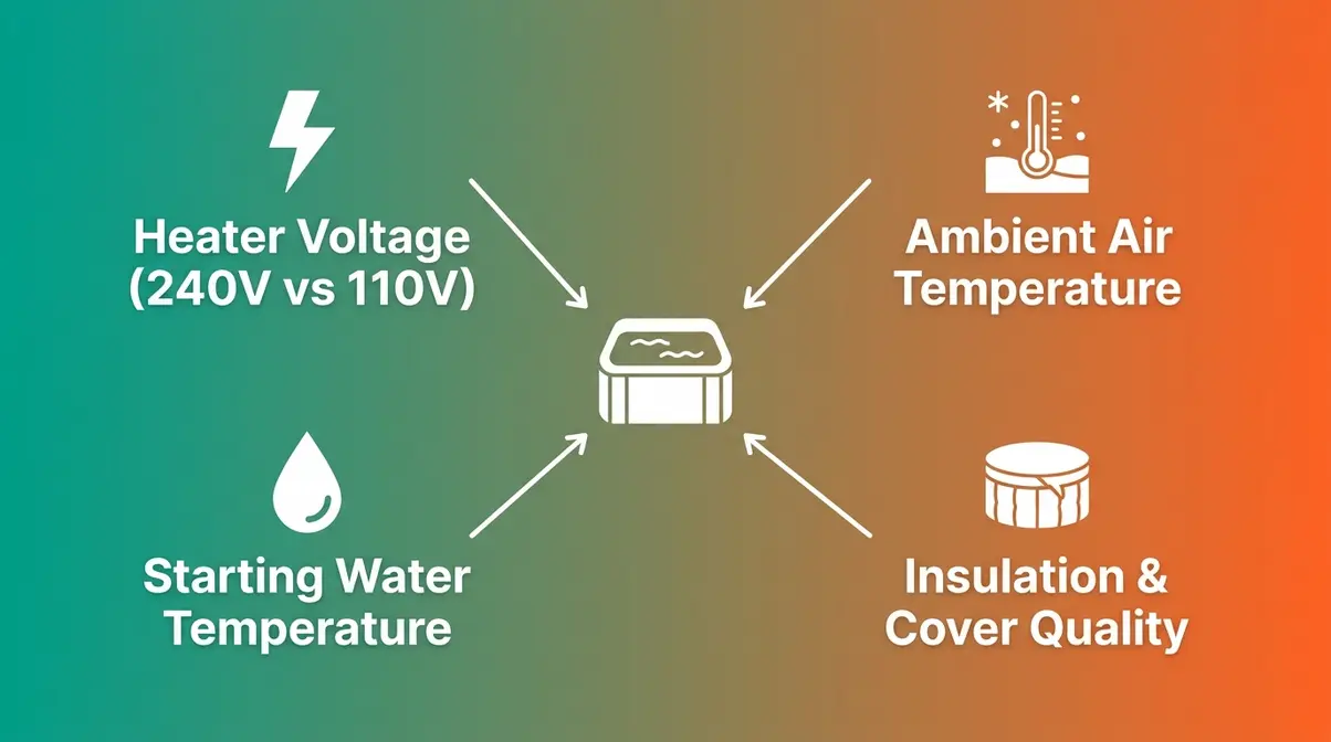 How Long Does a Hot Tub Take to Heat Up? (2026) 4 Diagram showing four key factors that affect hot tub heating time: voltage, air temp, water temp, insulation
