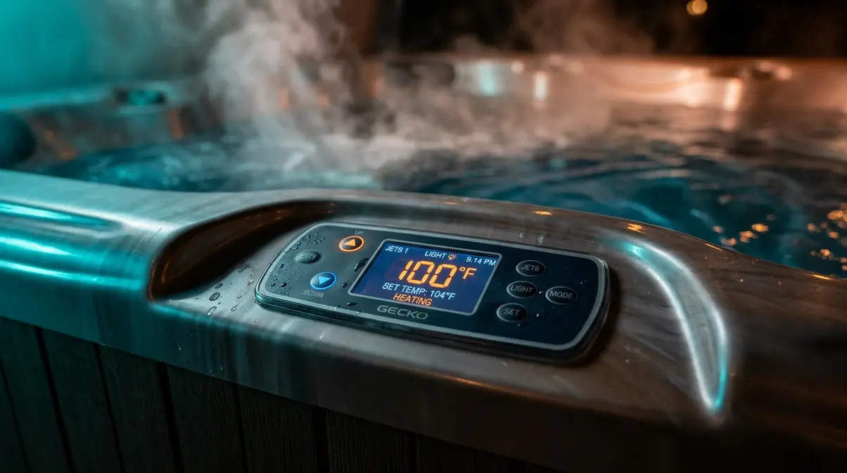 How Long Does a Hot Tub Take to Heat Up? (2026) 1 Hot tub control panel showing temperature rising during heating cycle on 240V spa