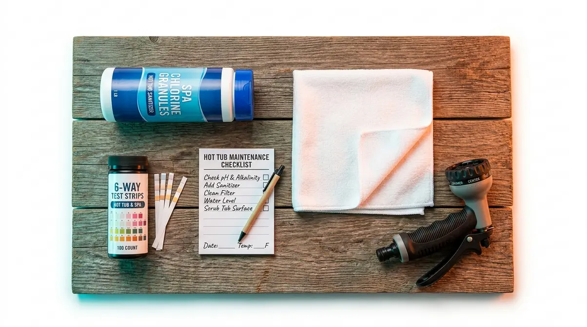 How Long Does a Hot Tub Take to Heat Up? (2026) 7 Hot tub maintenance supplies including test strips, chlorine, and cleaning cloth on wooden surface