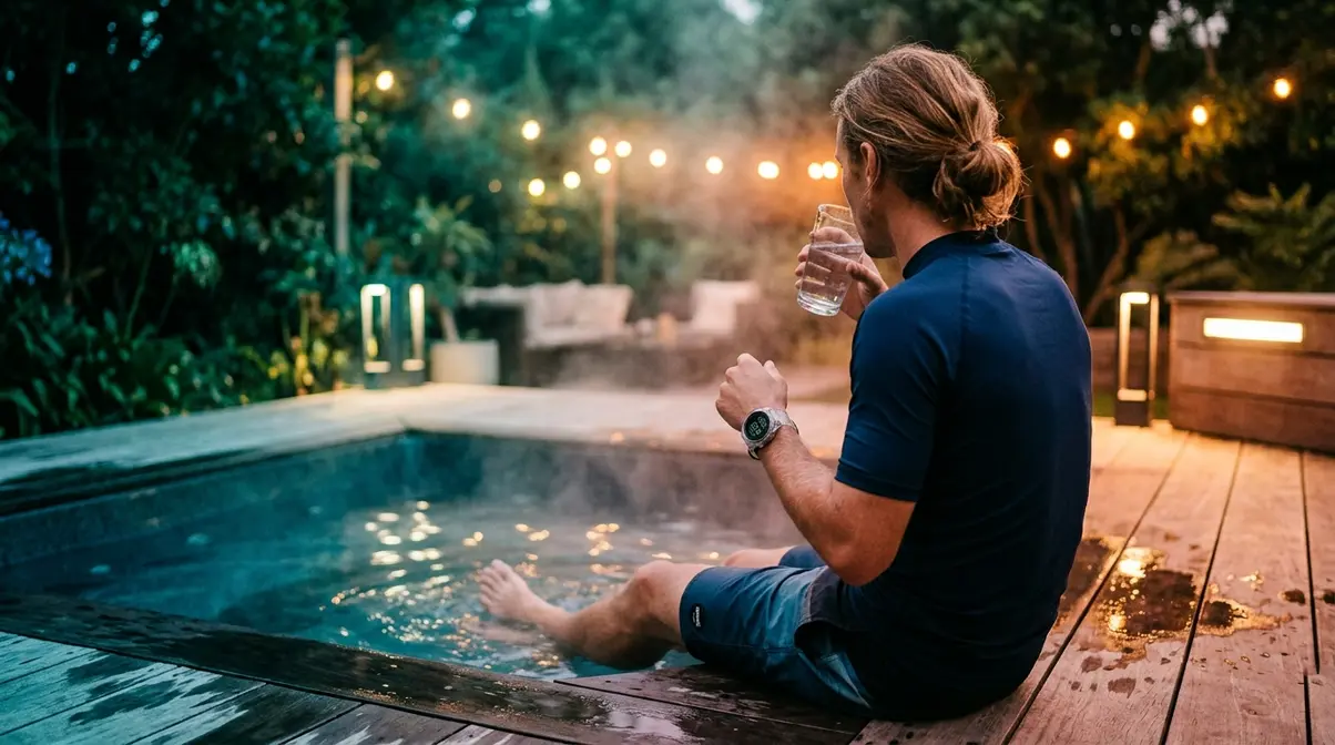 How Long Does a Hot Tub Take to Heat Up? (2026) 8 Person soaking safely in hot tub with water glass and timer, following 15-minute soaking rule