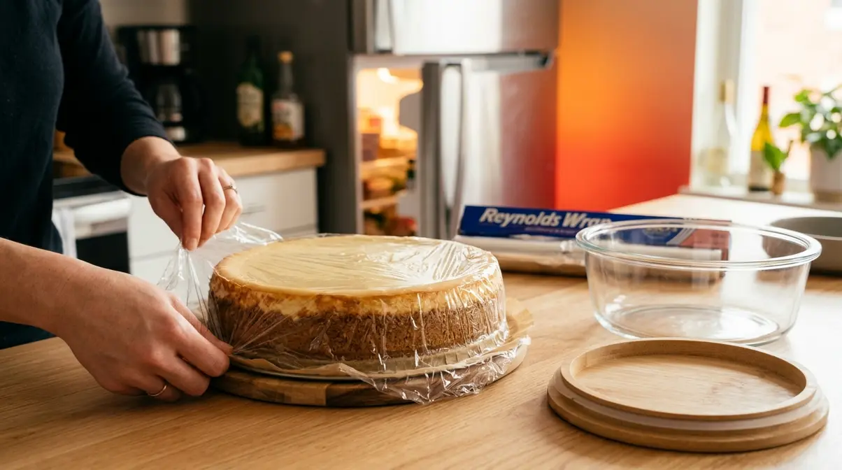 How Long Does Cheesecake Last In The Fridge? 4 Cheesecake being wrapped in plastic wrap next to an airtight container for proper fridge storage