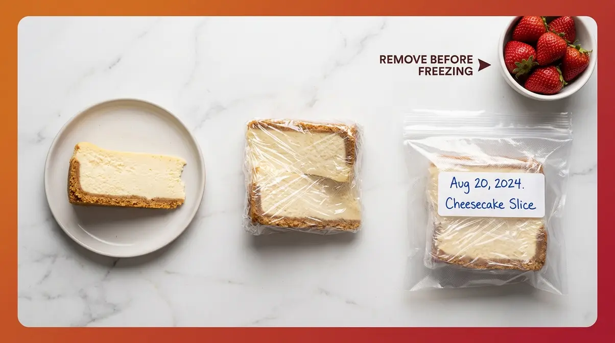 How Long Does Cheesecake Last In The Fridge? 6 Cheesecake freezing method showing proper double-wrapping and freezer bag storage to extend shelf life