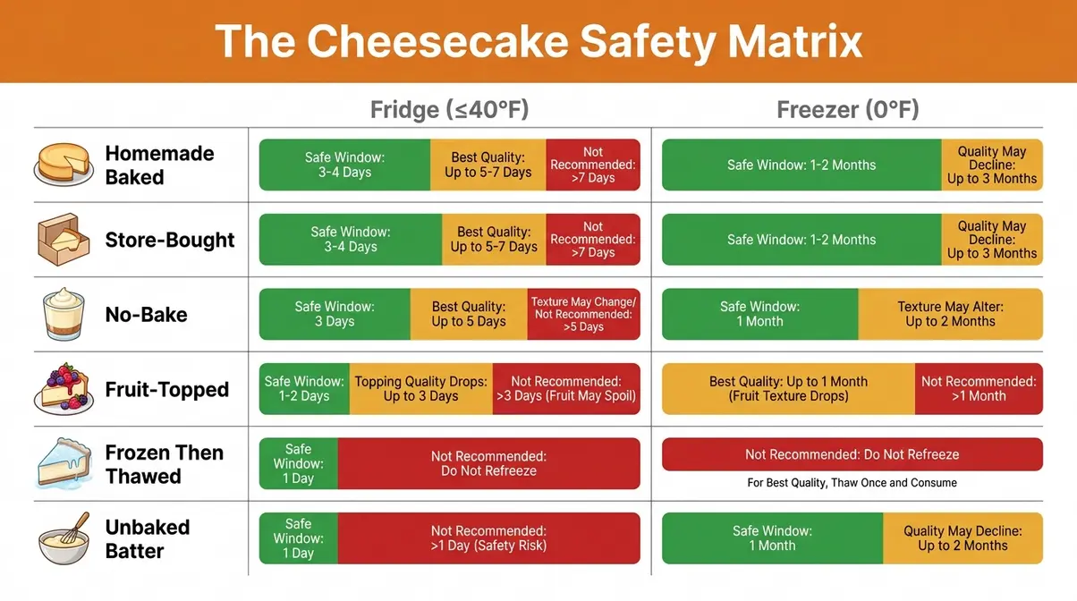 How Long Does Cheesecake Last In The Fridge? 2 Cheesecake safety matrix chart comparing fridge and freezer shelf life by cheesecake type