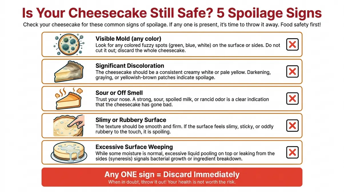 How Long Does Cheesecake Last In The Fridge? 8 Visual checklist of five signs cheesecake has gone bad including mold, sour smell, and slimy texture