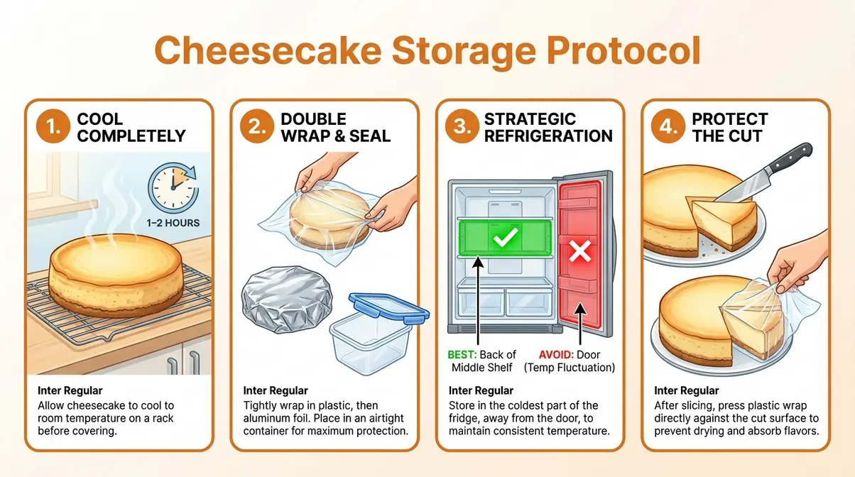 How Long Does Cheesecake Last In The Fridge? 7 Step-by-step cheesecake storage diagram showing wrapping, sealing container, and correct fridge placement