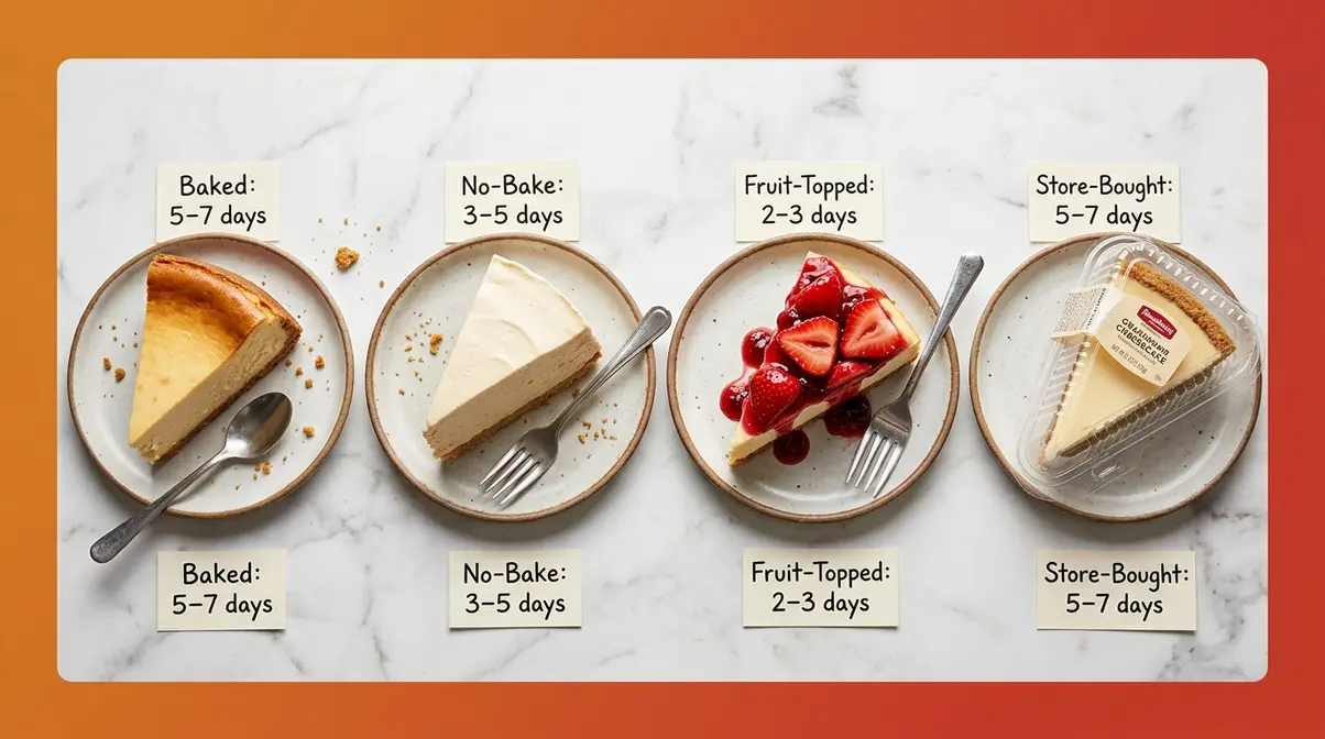 How Long Does Cheesecake Last In The Fridge? 3 Four cheesecake types compared side by side showing different fridge shelf life windows for each variety
