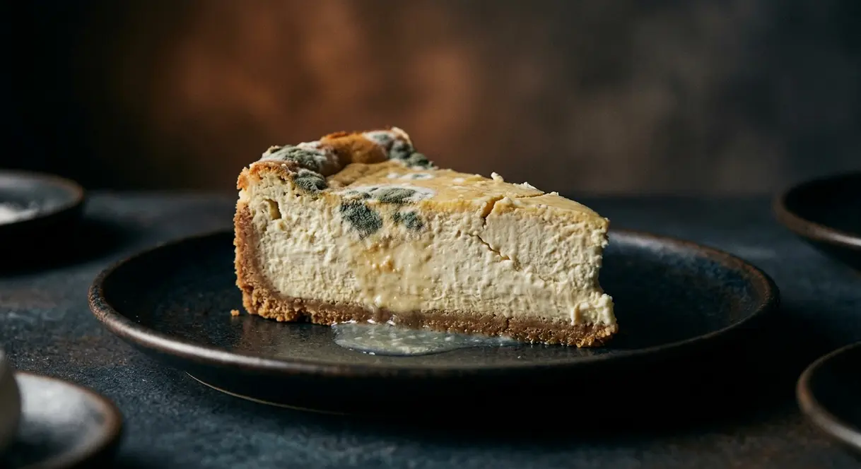 How Long Does Cheesecake Last In The Fridge? 5 Spoiled cheesecake showing visible mold spots, discoloration, and liquid pooling as signs it has gone bad