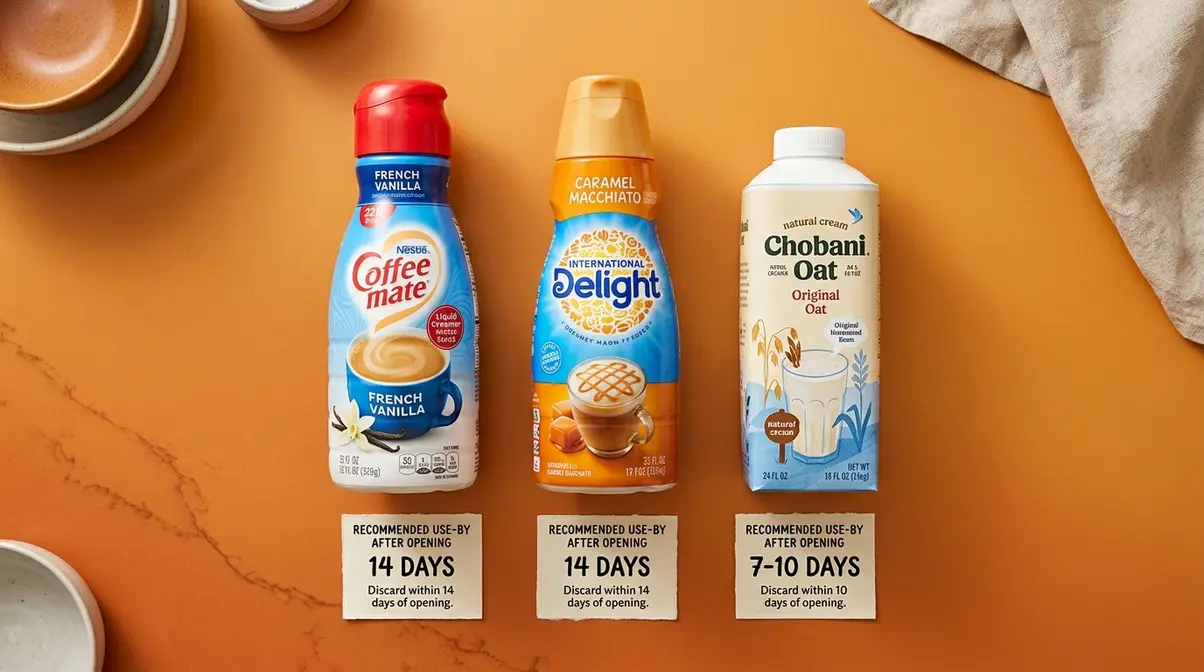 Coffee Mate, International Delight, and Chobani oat creamer bottles with brand-specific shelf life guidelines after opening