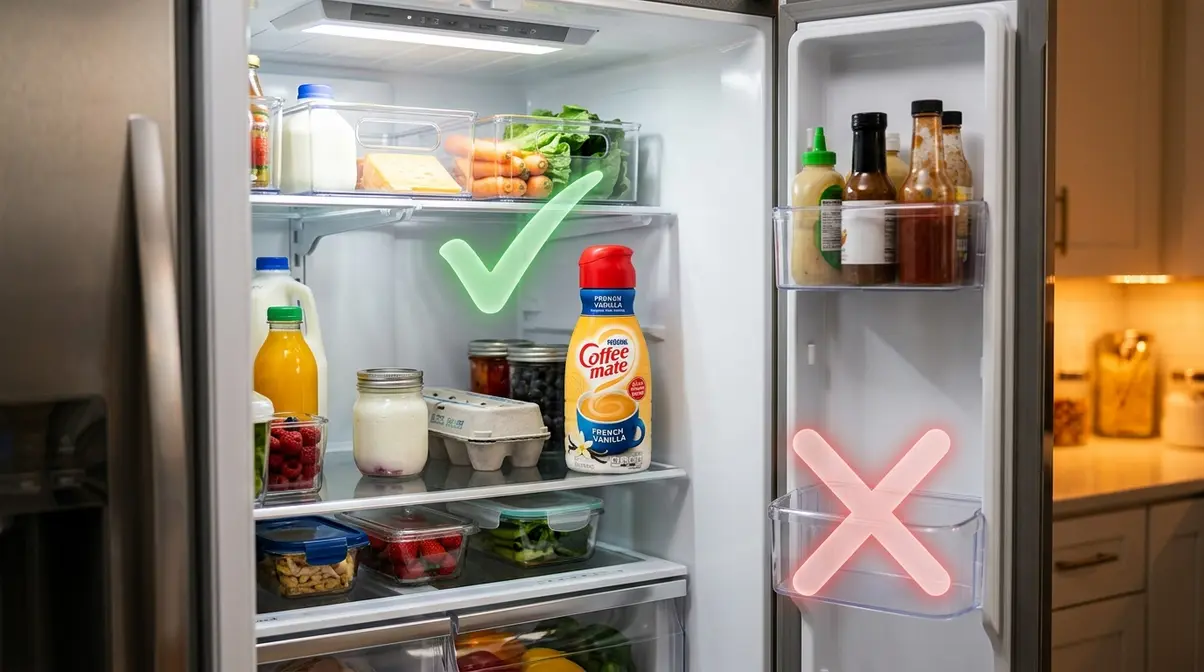 Coffee creamer stored correctly on interior fridge shelf rather than door shelf to prevent temperature fluctuations