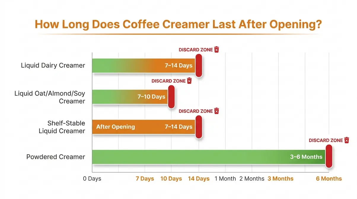 How long does coffee creamer last after opening — shelf life cheat sheet showing timelines for dairy, oat, almond, soy, and powdered creamers