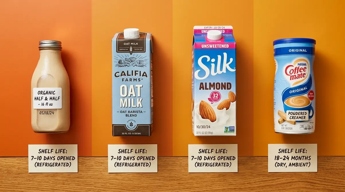 Four coffee creamer types side by side showing dairy, oat milk, almond milk, and powdered creamer shelf life differences