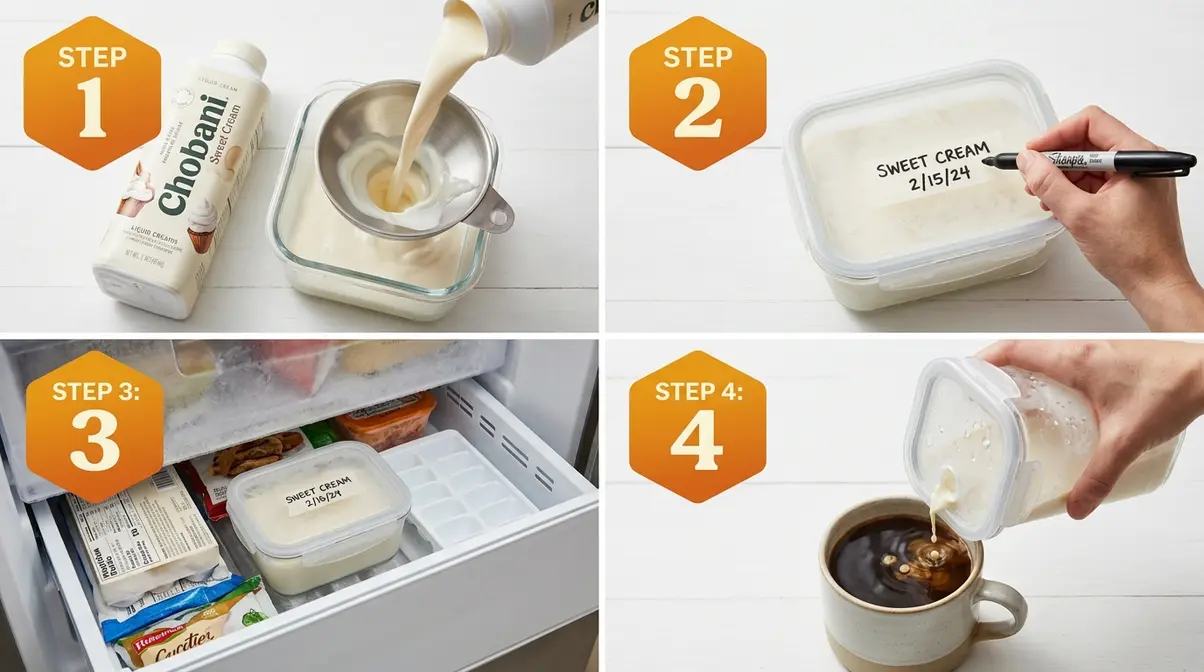 Step-by-step guide to freezing coffee creamer in an airtight container, labeling with date, and thawing in the fridge